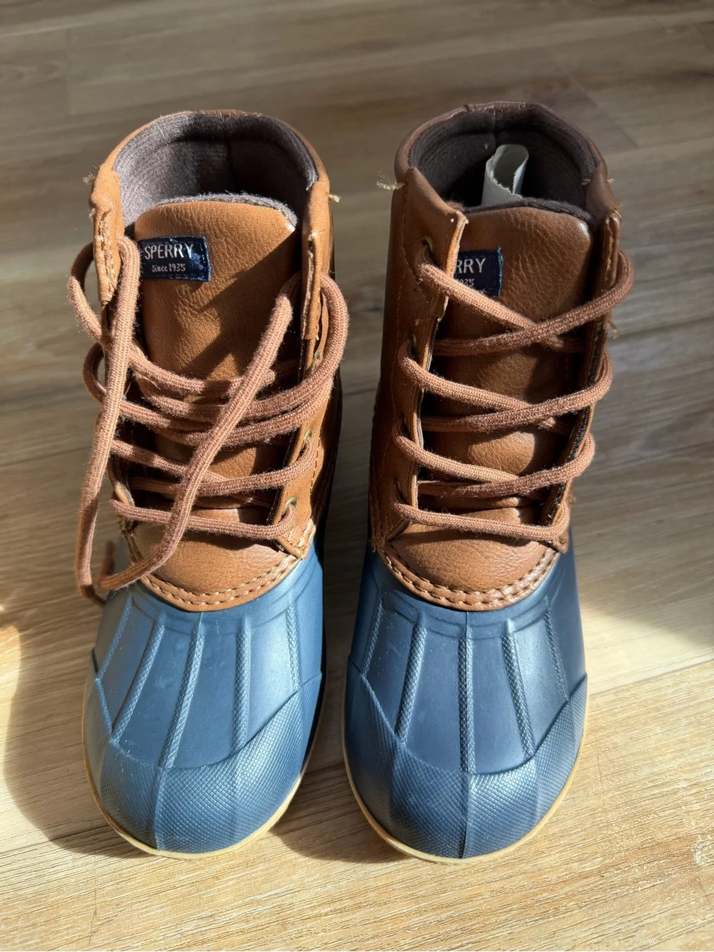Sperry Kids Brown Leather and Navy Blue Duck Boots